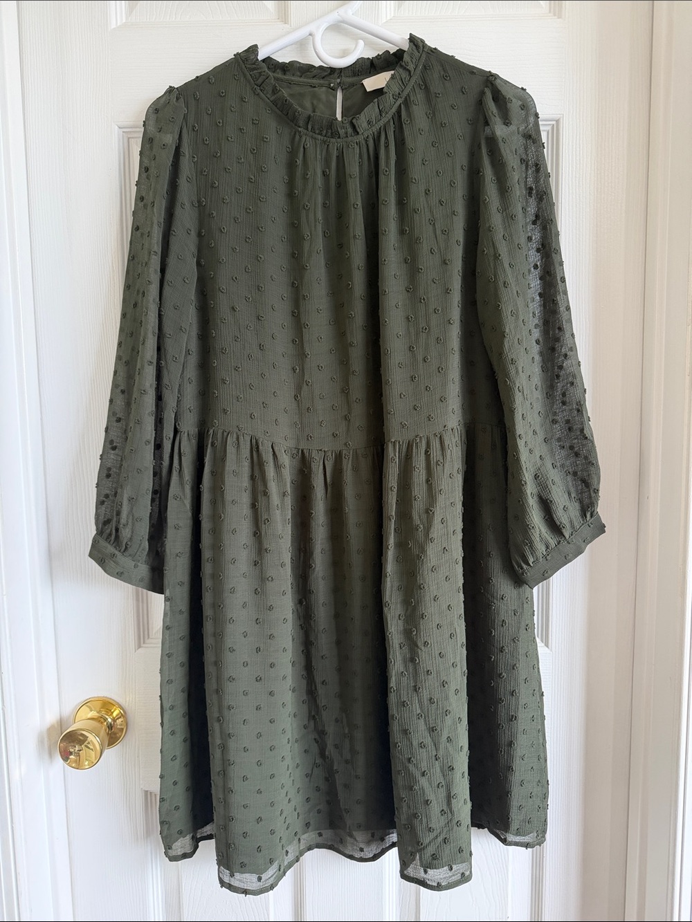 NWT LOFT Olive Swiss Dot Ruffle-Neck Midi Dress